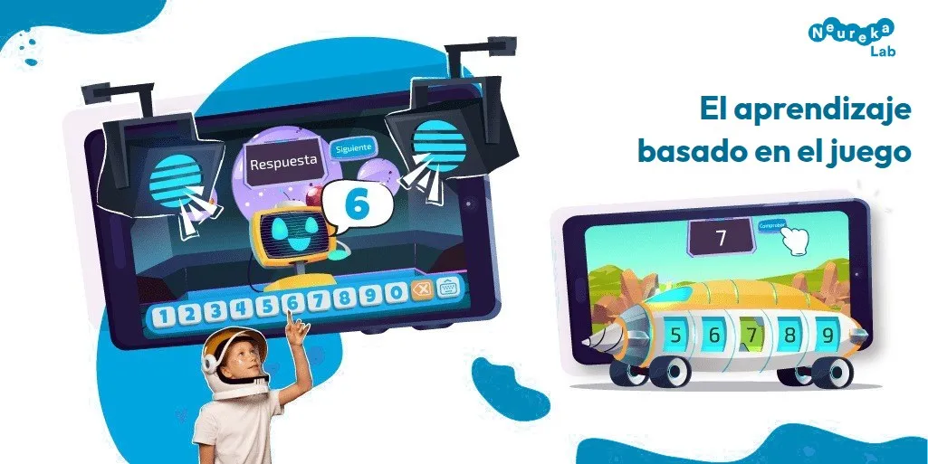 Niño con casco de astronauta ante dos pantallas de un juego de números; título: el aprendizaje basado en el juego