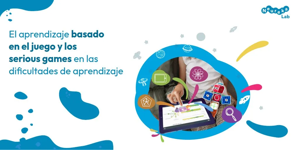 Mano infantil tocando una app educativa en una tableta; título sobre el ABJ y los serious games en las dificultades de aprendizaje