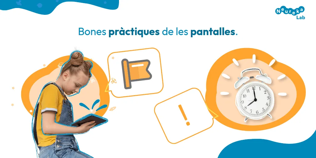 Nena mirant una tauleta amb un despertador i senyals d’avís al costat; títol sobre bones pràctiques de les pantalles