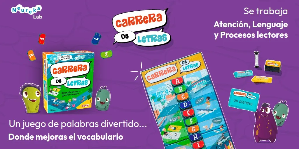 Caja y tablero del juego Carrera de Letras; un juego de palabras que trabaja la atención, el lenguaje y los procesos lectores