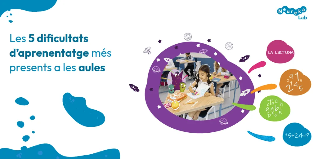 Nena escrivint al seu pupitre en una aula; títol sobre les 5 dificultats d’aprenentatge més presents a les aules.