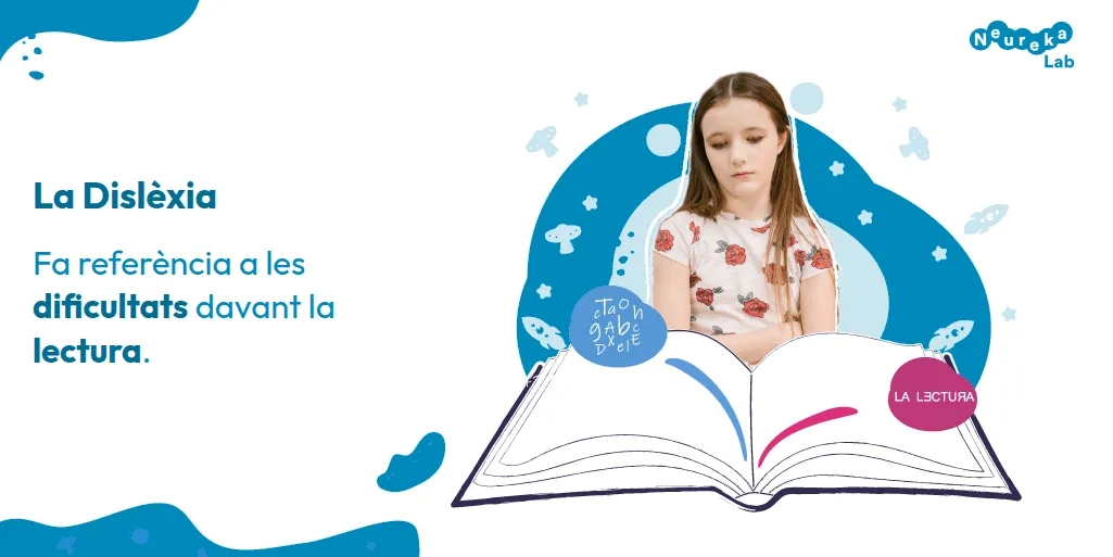 Nena pensativa davant un llibre obert; la dislèxia fa referència a les dificultats davant la lectura.