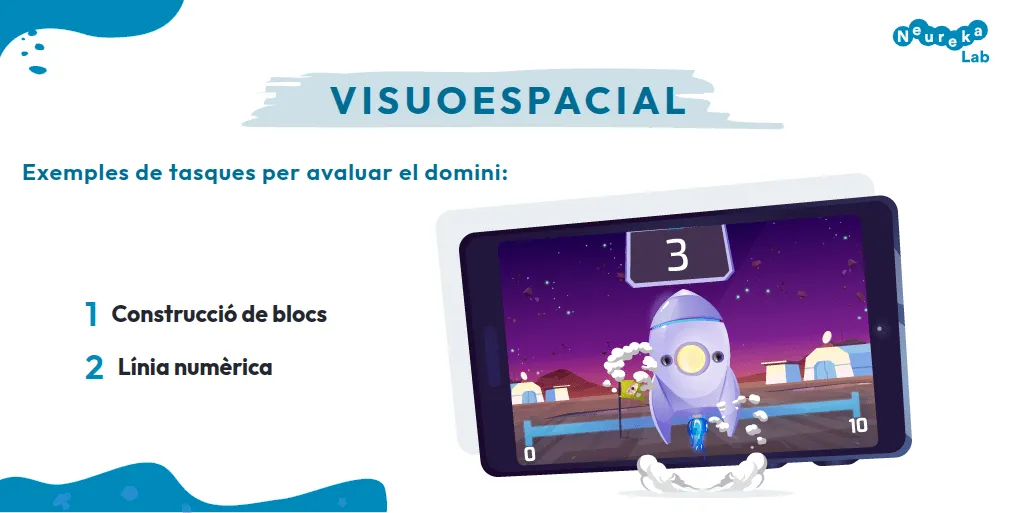 Tasques per avaluar el domini visuoespacial: construcció de blocs i línia numèrica, amb un joc de coet en una tauleta