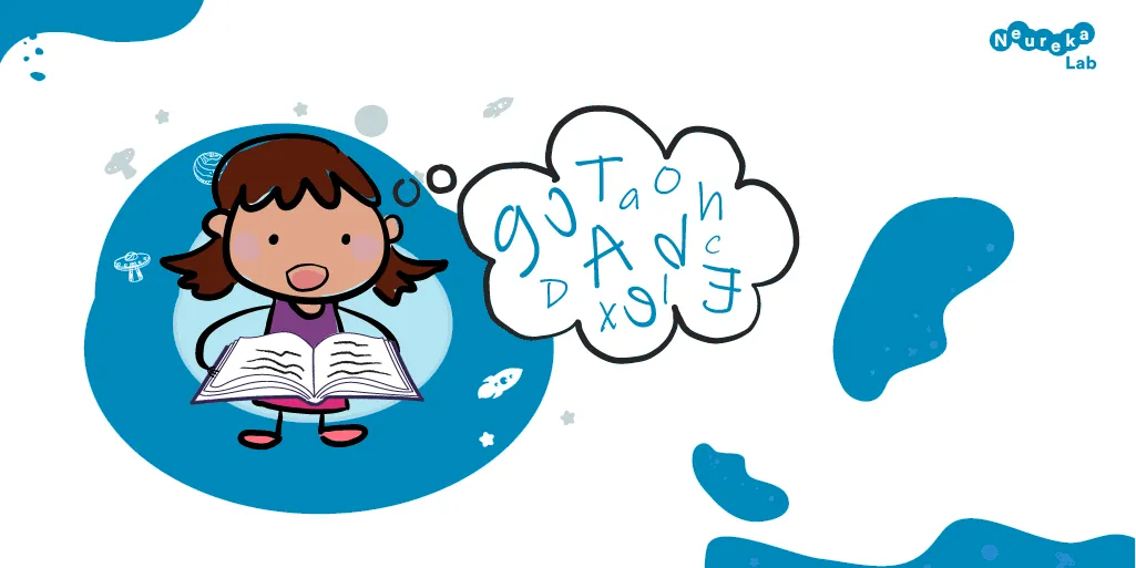 Niña con un libro abierto y una nube de letras desordenadas e invertidas, que ilustra la dislexia y las dificultades lectoras