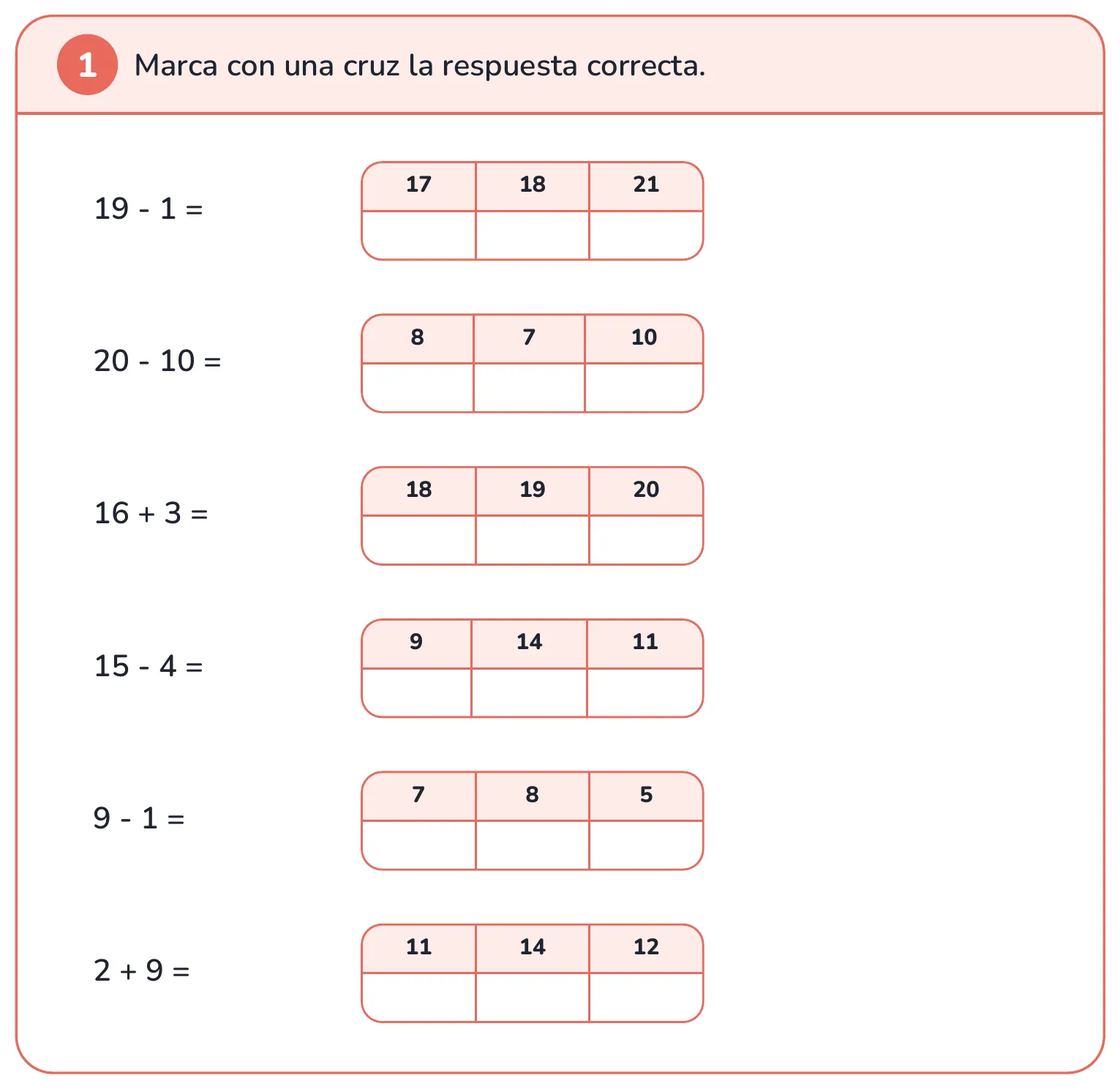 Ficha de matemáticas: calcula sumas y restas y marca el resultado correcto entre tres opciones