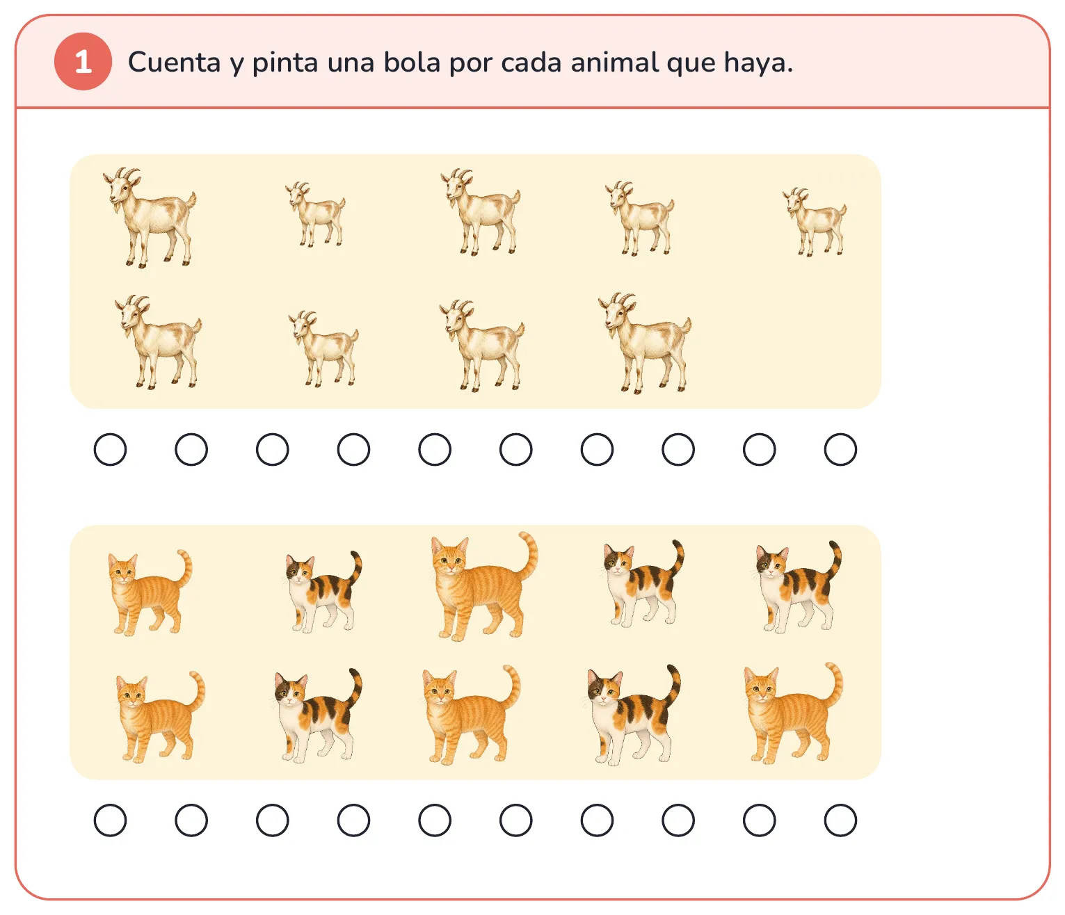 Ficha de matemáticas: cuenta los animales y pinta una bola por cada uno