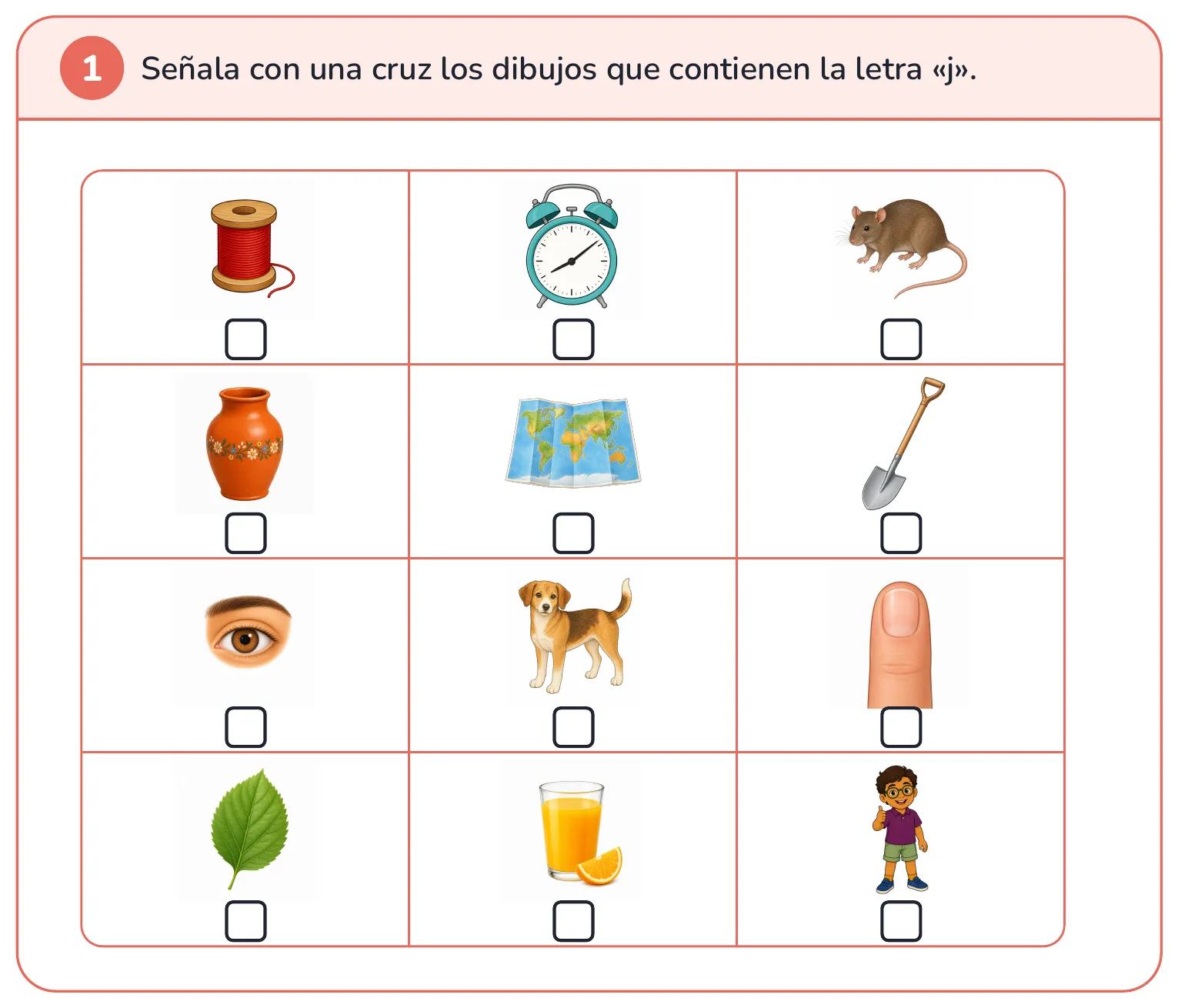 Ficha de lectura: marca los dibujos cuyo nombre contiene la letra indicada