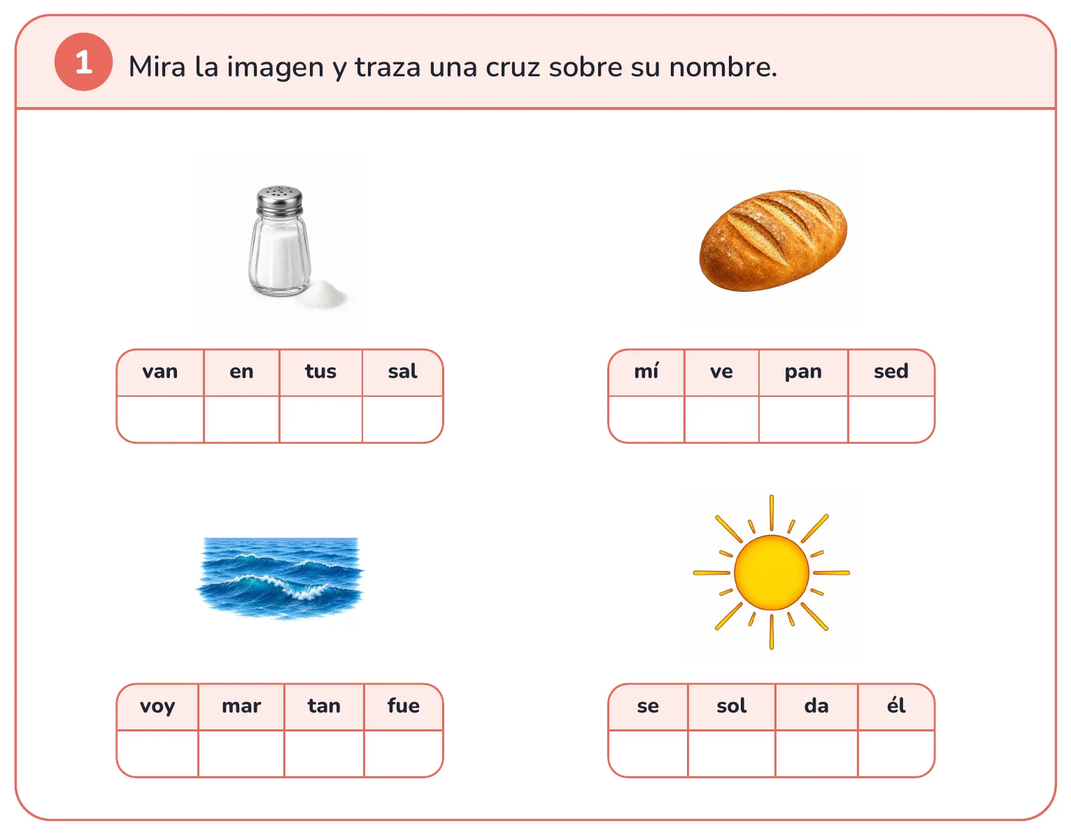Ficha de lectura: mira el dibujo y marca la palabra que lo nombra