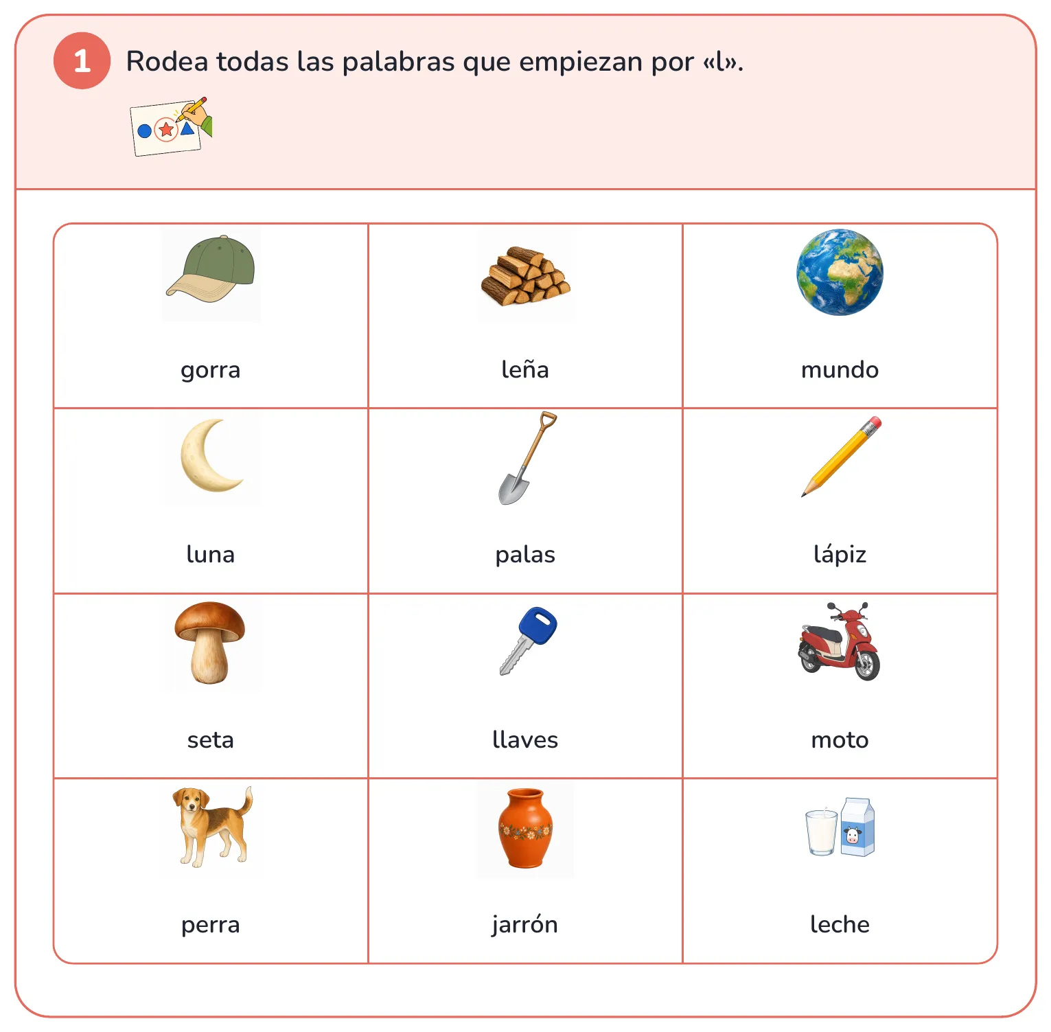 La misma ficha de lectura con un dibujo junto a cada palabra como apoyo visual