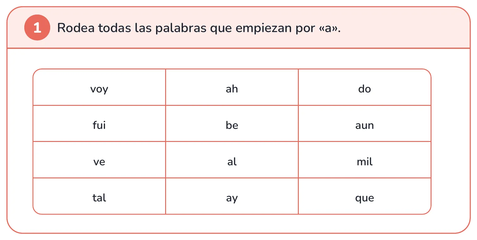 Ficha de lectura: rodea las palabras que empiezan por una letra, presentadas solo como palabras escritas