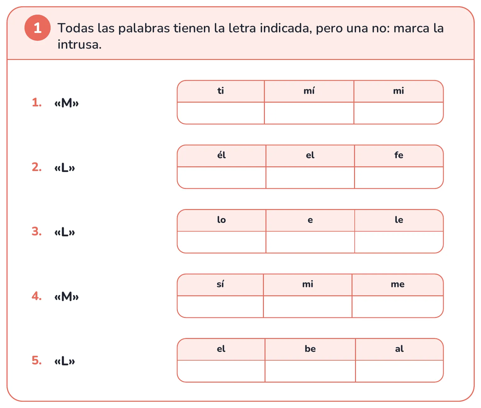 Ficha de lectura: encuentra la palabra que no contiene la letra indicada