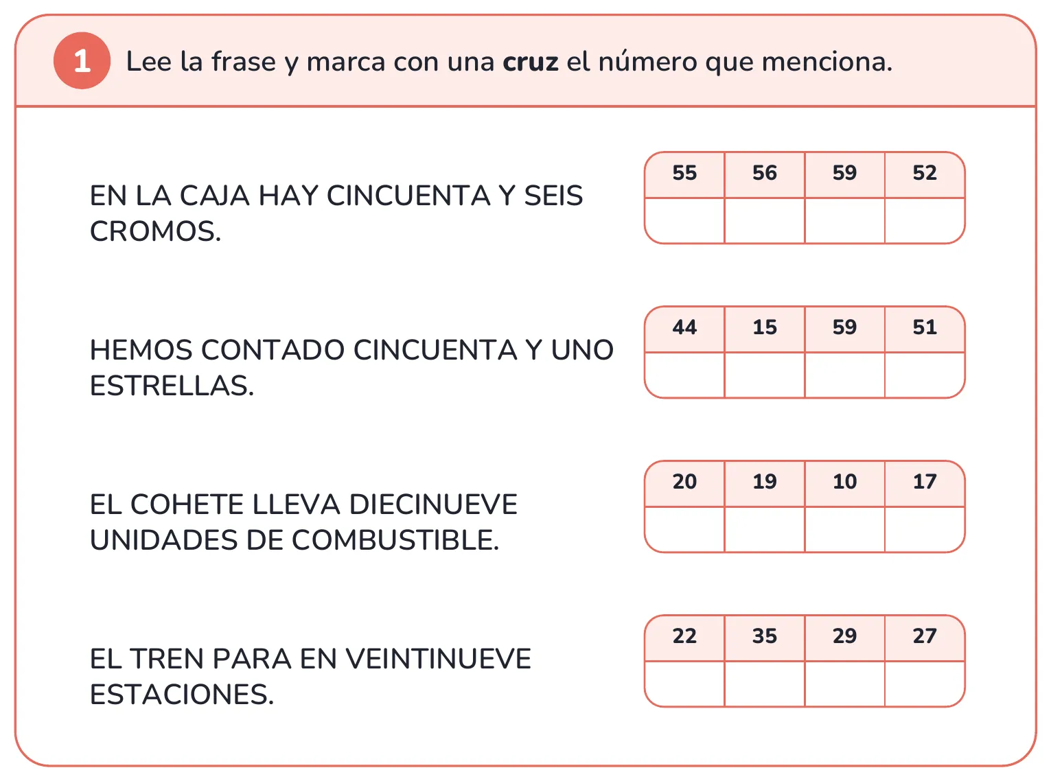 Ficha de matemáticas: lee la frase y marca el número que menciona