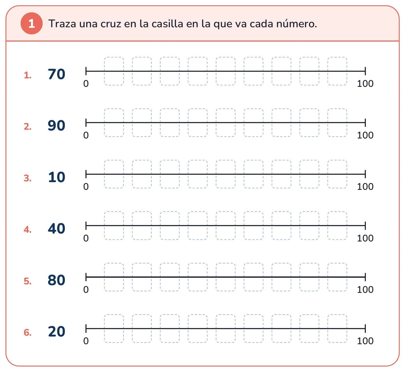 Ficha de matemáticas: coloca cada número en su lugar de la recta numérica del 0 al 100