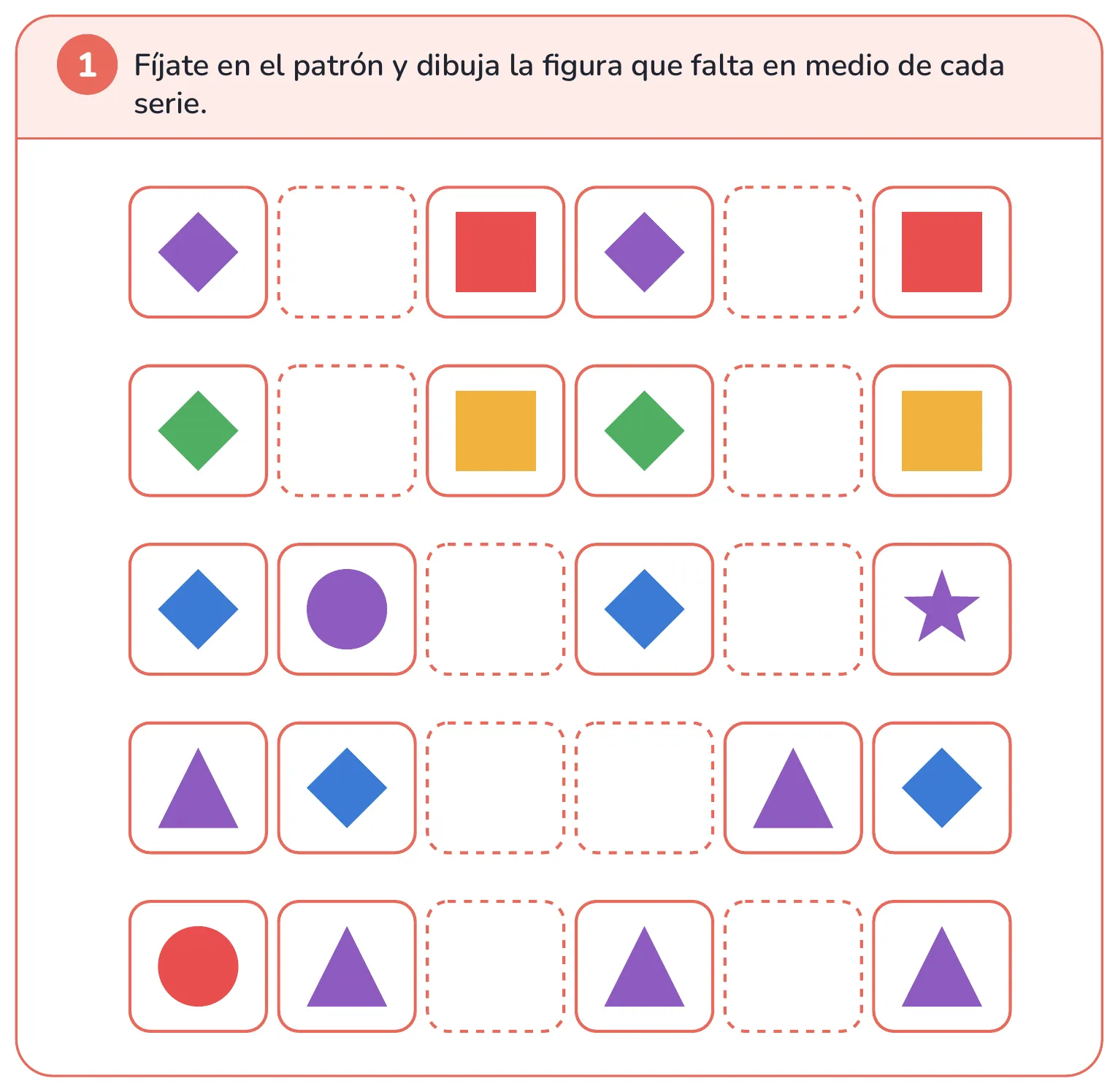 Ficha de matemáticas: descubre el patrón y dibuja la figura que falta en medio de la serie