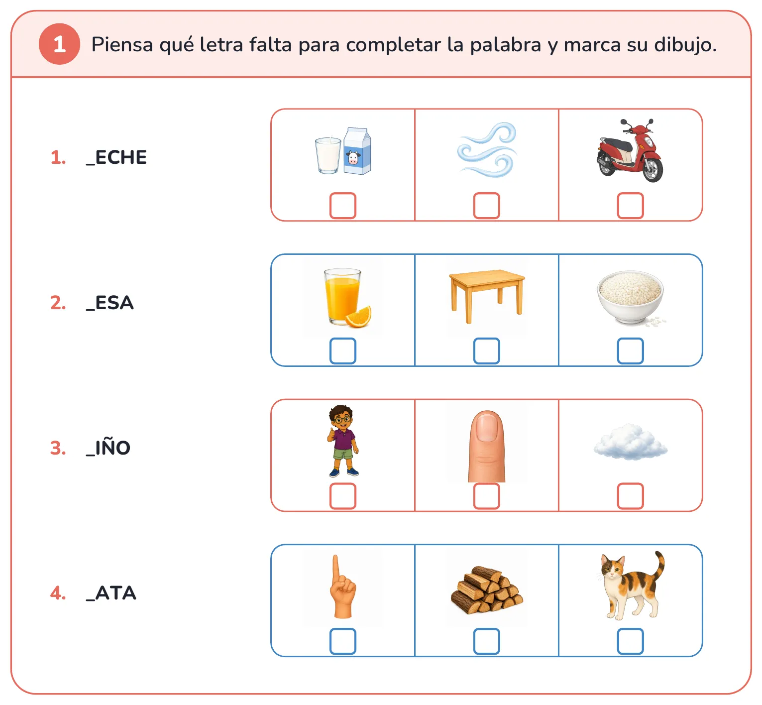 Ficha de lectura: piensa qué letra falta en la palabra y marca el dibujo que corresponde