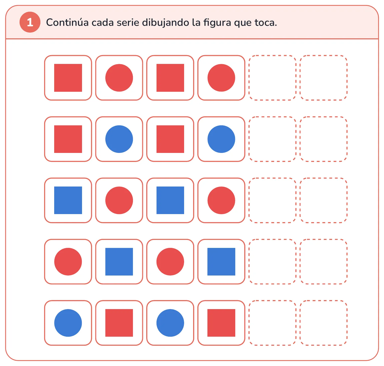 Ficha de matemáticas: continúa series de dos figuras dibujando la que toca