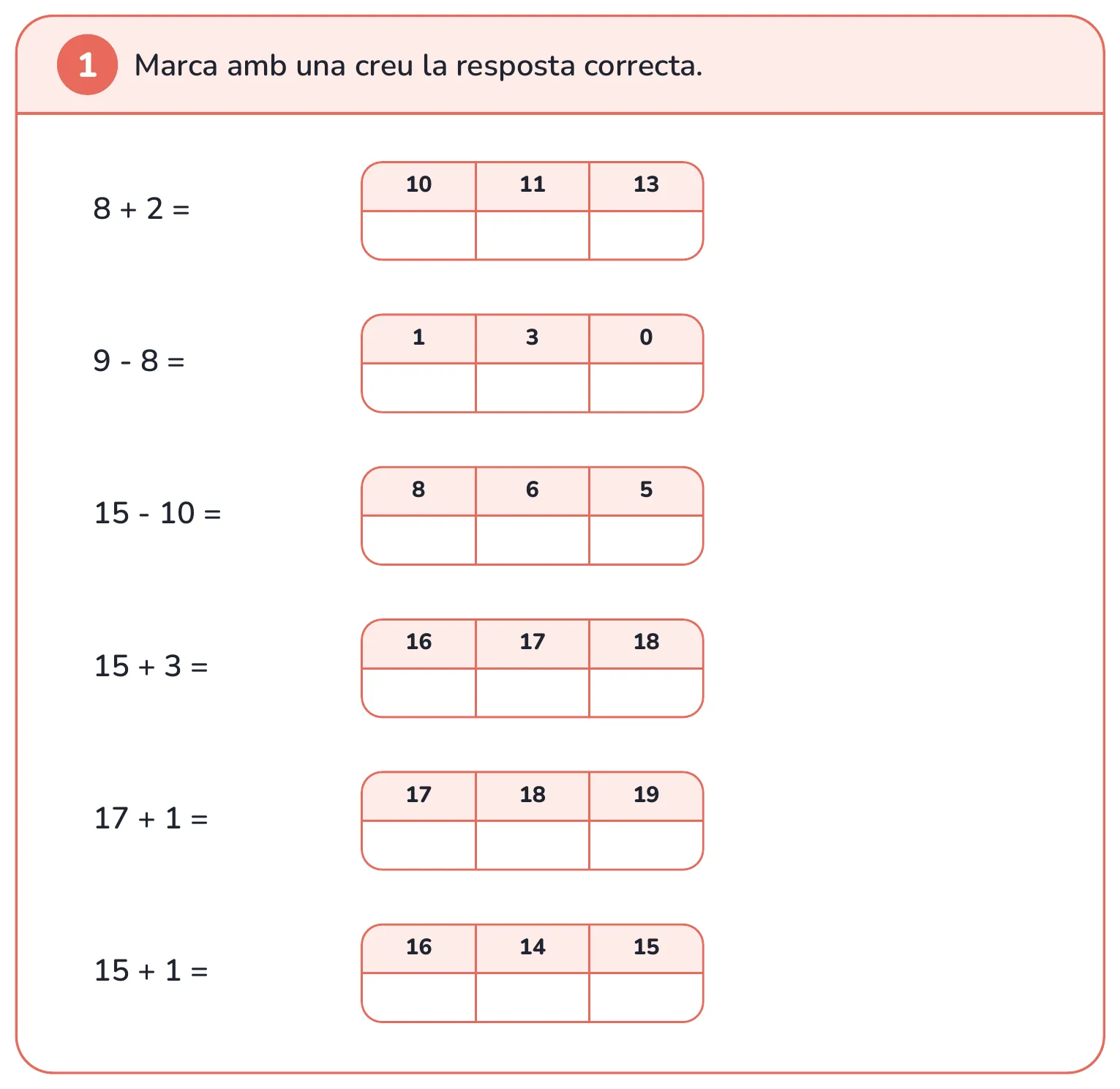Fitxa de matemàtiques: calcula sumes i restes i marca el resultat correcte entre tres opcions
