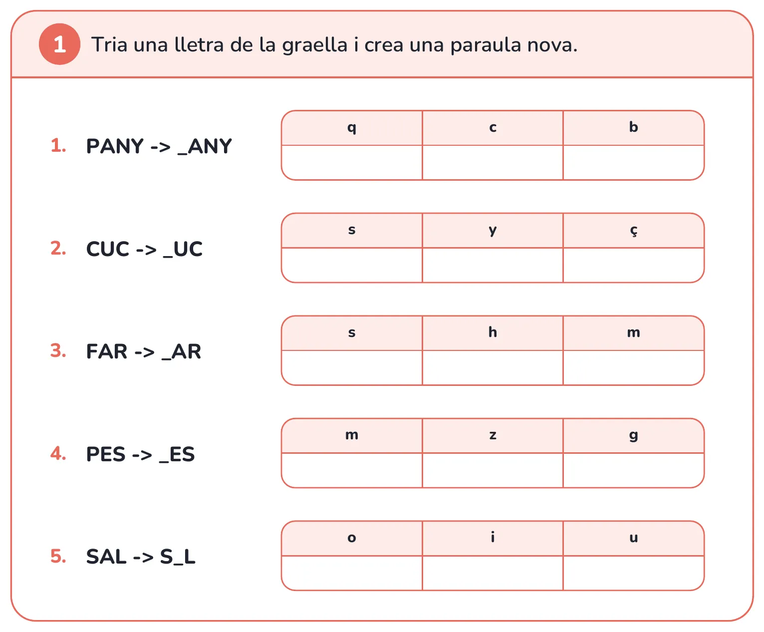 Fitxa de lectura: canvia una lletra de la paraula per crear-ne una de nova