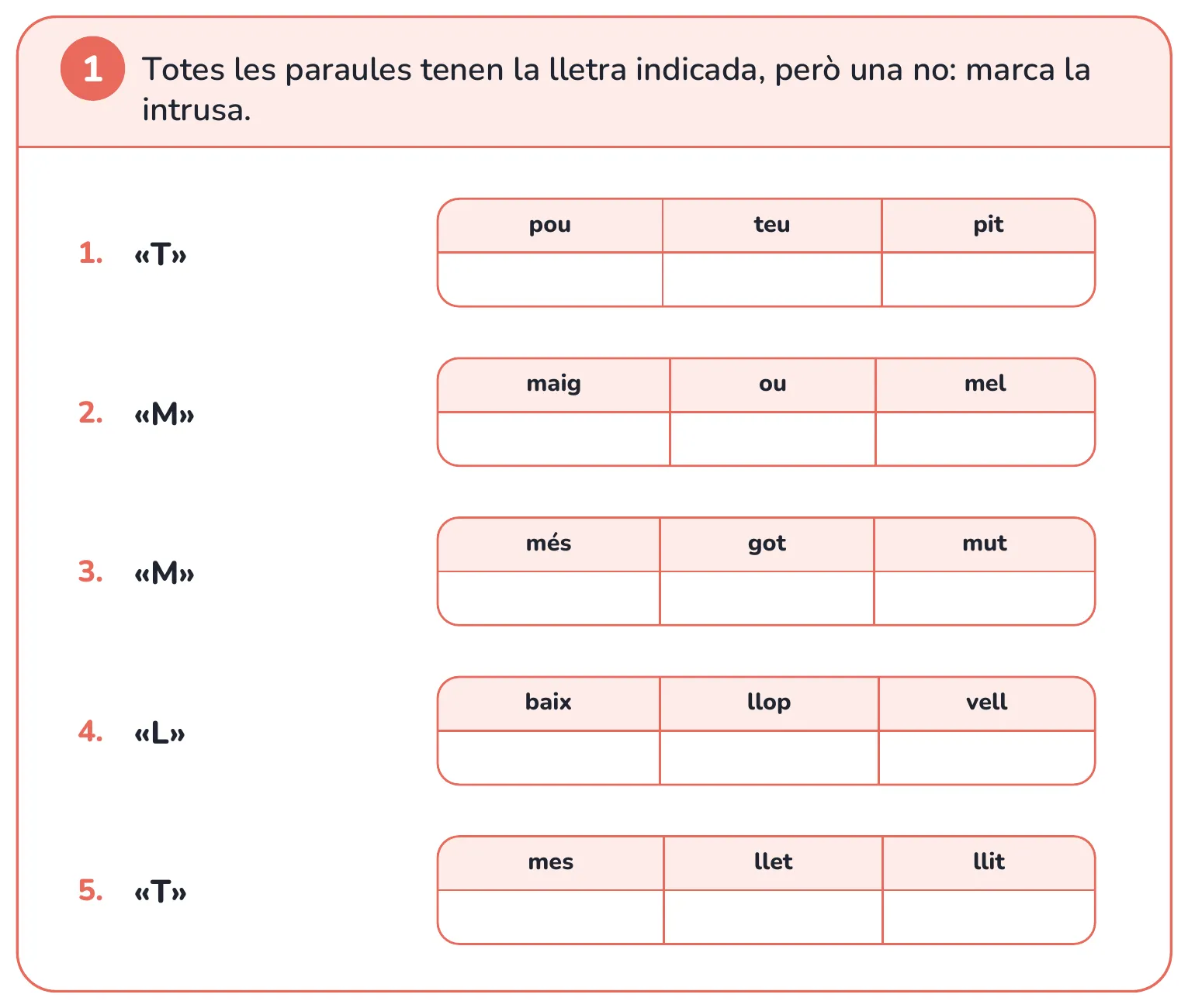 Fitxa de lectura: troba la paraula que no conté la lletra indicada