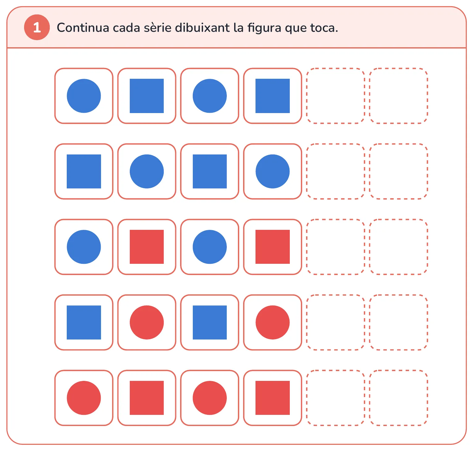 Fitxa de matemàtiques: continua sèries de dues figures dibuixant la que toca