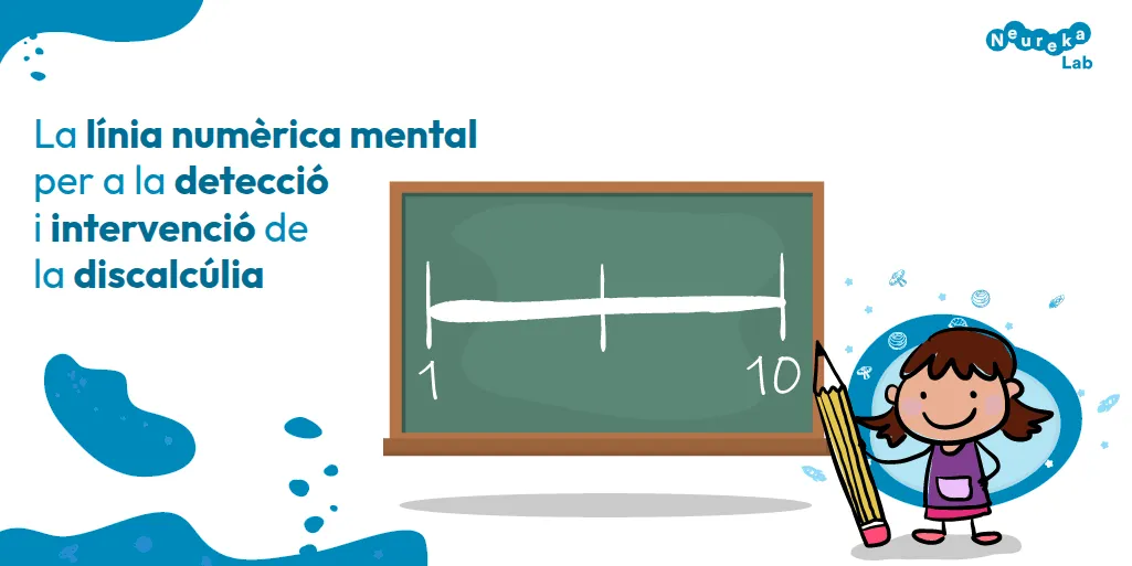 Nena amb un llapis davant d’una pissarra amb una línia de l’1 al 10; títol sobre la línia numèrica mental i la discalcúlia