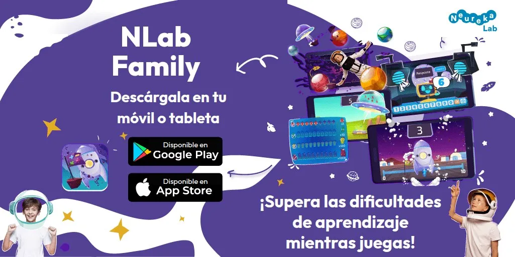 Cartel de la app NLab Family con capturas de los juegos; descárgala en tu móvil o tableta desde Google Play y App Store