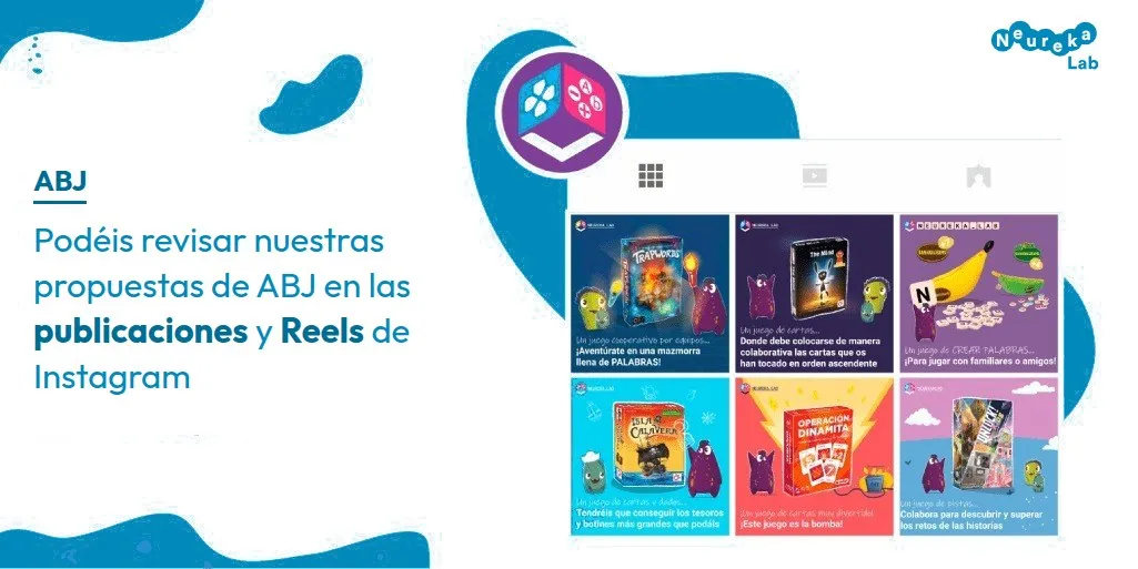 Cuadrícula de publicaciones de Instagram de NeurekaLAB con propuestas de ABJ en publicaciones y Reels