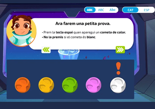 Prova d’atenció NeurekaAtt: prémer la tecla espai quan apareix un cometa de color i no fer-ho si és blanc