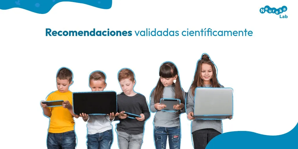 Cinco niños con móvil, portátiles y tabletas bajo el título «Recomendaciones validadas científicamente»