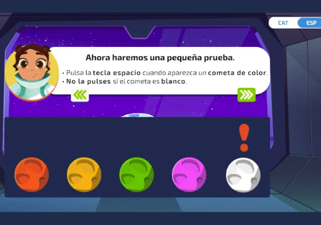 Prueba de atención NeurekaAtt: pulsar la tecla espacio cuando aparece un cometa de color y no hacerlo si es blanco